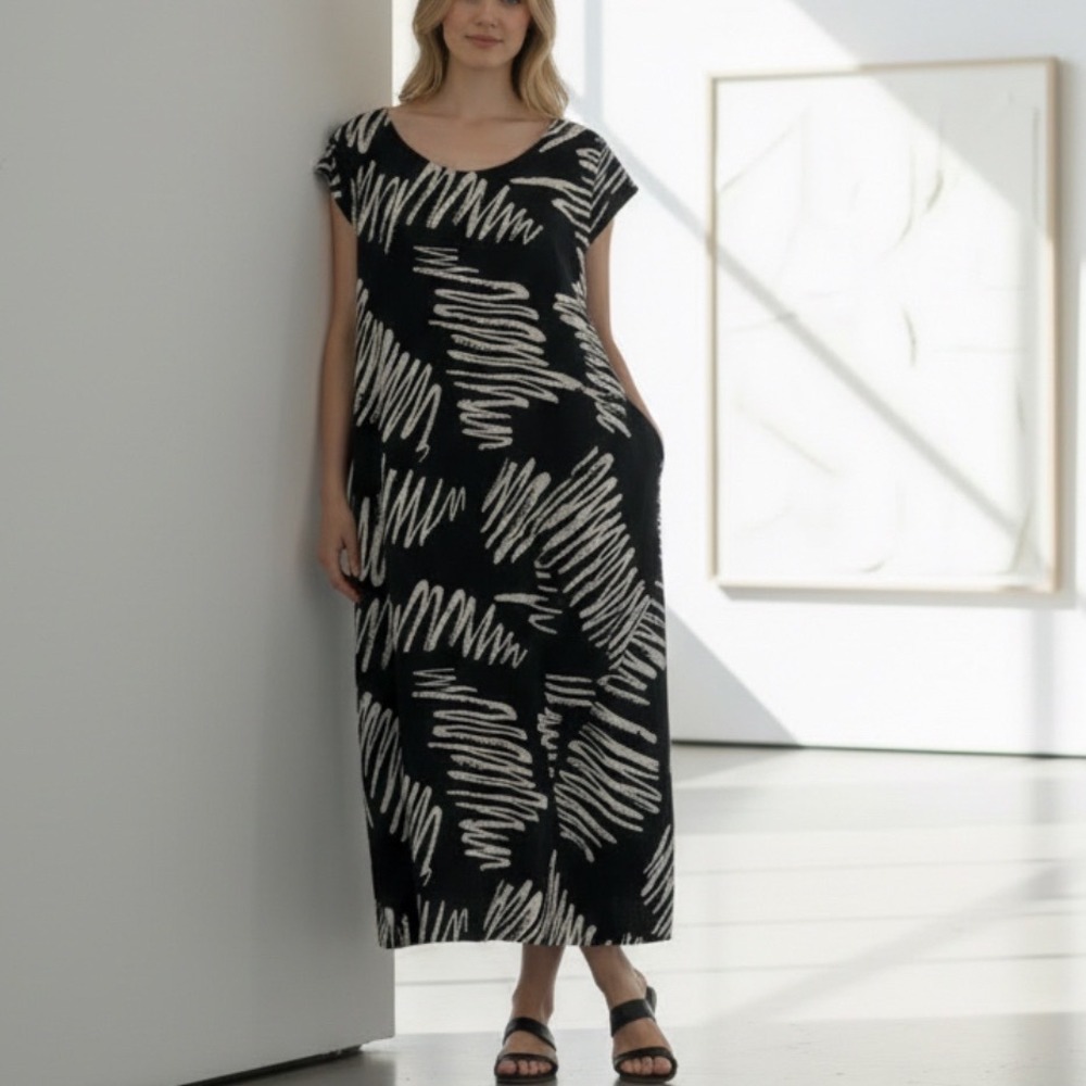 P. Luca Milano Black White Abstract Scribble Print Midi‎ Shift Dress ML SYD027